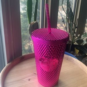 Starbucks 2022 Hot Pink Chrome Studded 16oz Tumber with straw